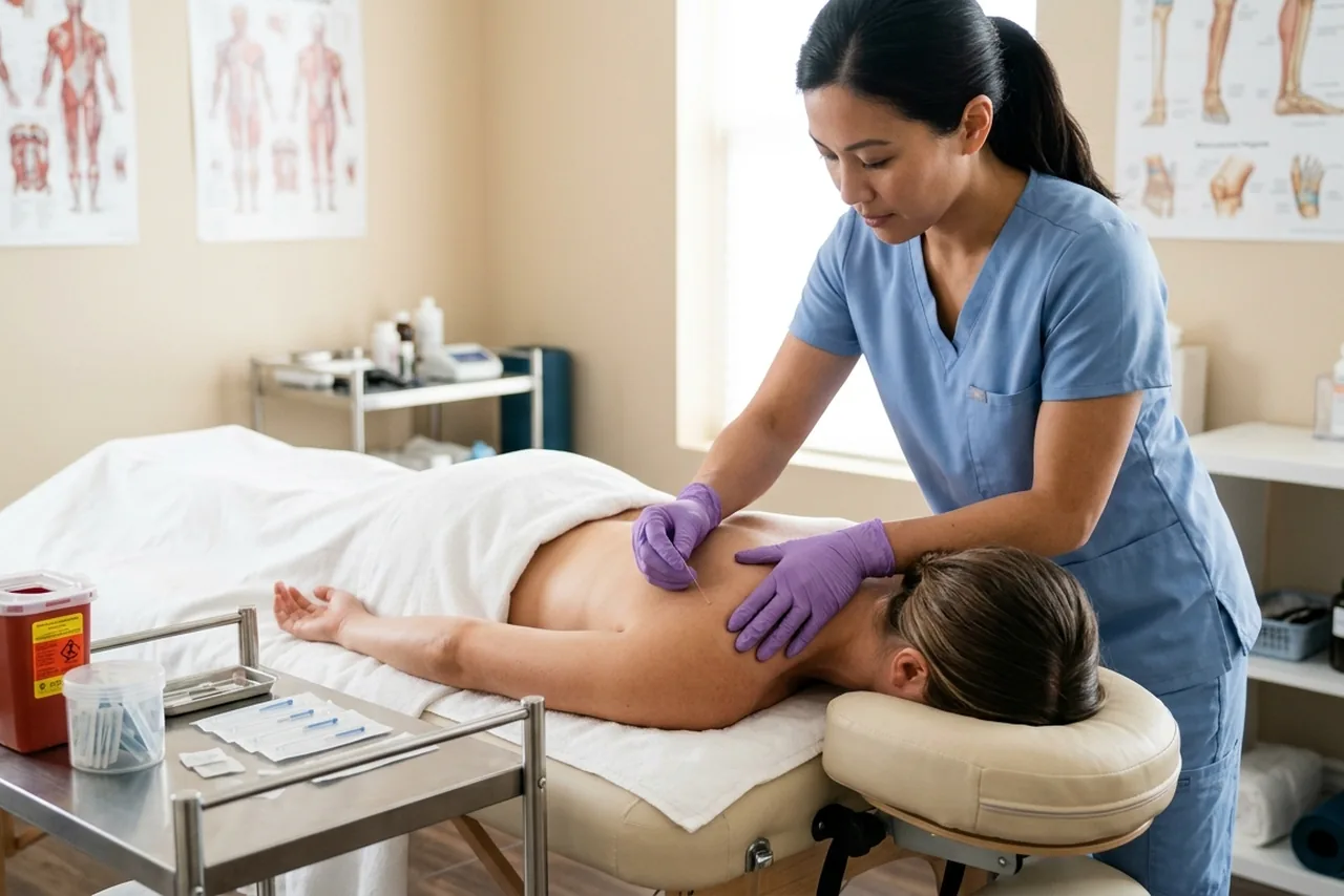 Chiropractor performing myofascial trigger point therapy and sterile dry needling on a patient shoulder