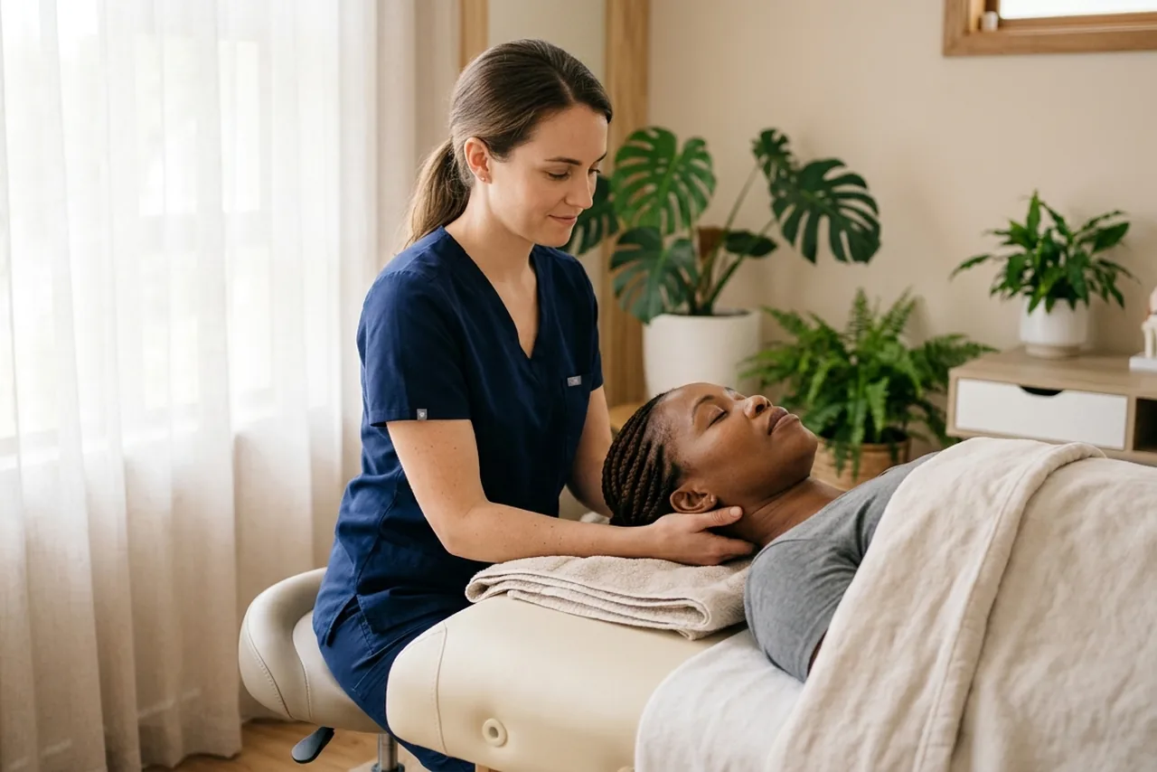 Female chiropractor performing gentle upper-neck suboccipital release for headache relief