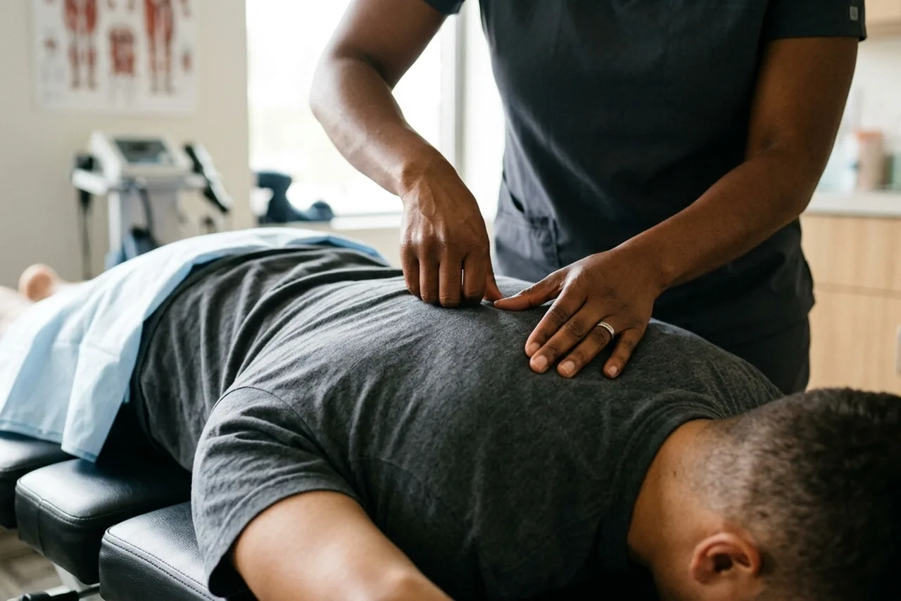 Female chiropractor performing a gentle thoracic spinal mobilisation on a patient